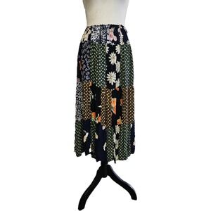 Vintage 90s Midnight Run Navy Patchwork Midi Pull On Skirt Size L Boho Hippie
